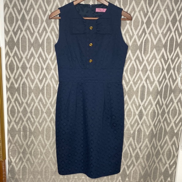Eliza J Dress Sleeveless Navy Bow Neckline w/ Three Gold Buttons Cocktai… - Picture 4 of 4